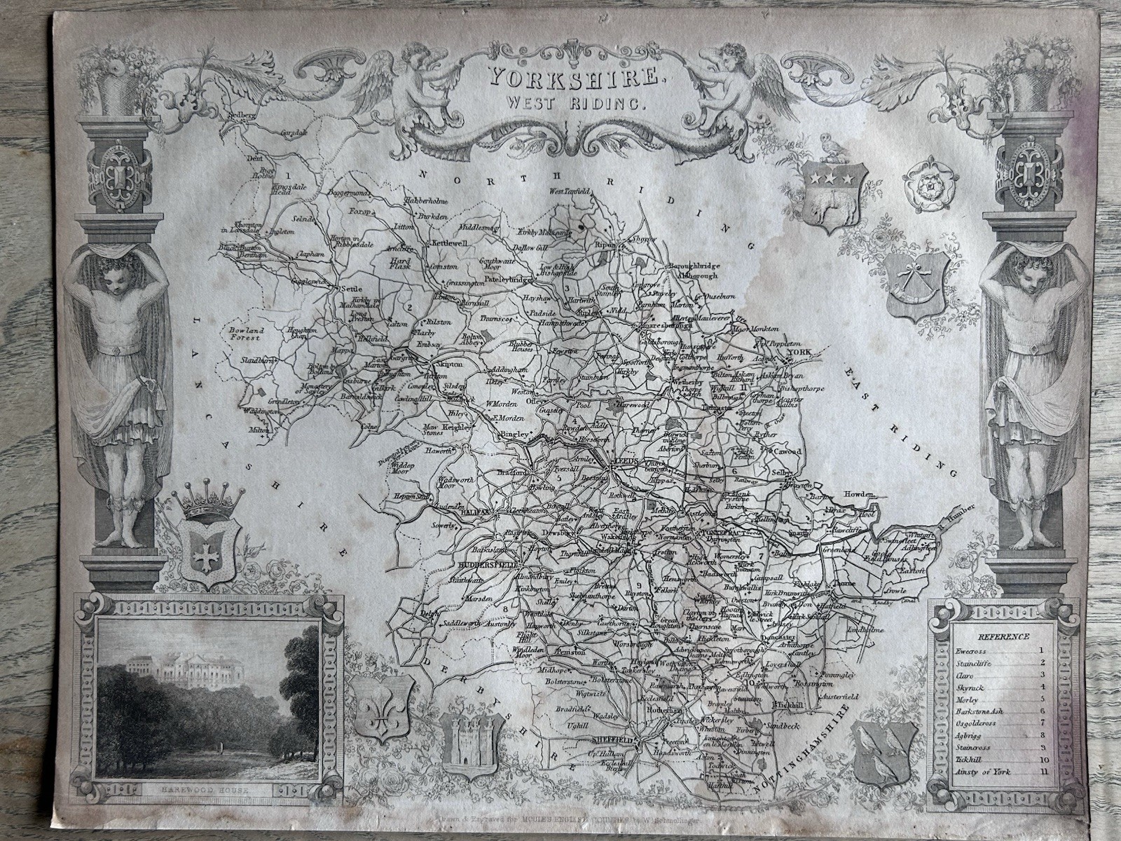 1838 West Riding Of Yorkshire Original Antique Ornate Map by Thomas Moule