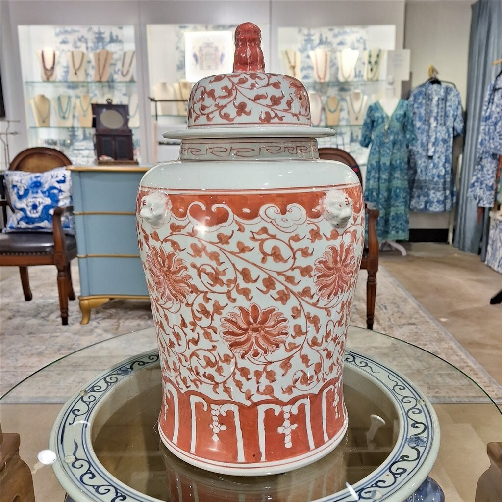 Vintage Reproduction Light Red Floral Porcelain Temple Jar-9.5” x 18”H