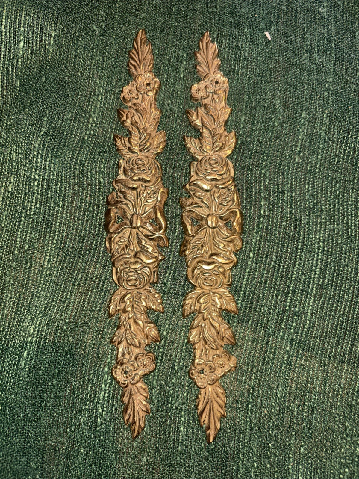 Vintage Brass Ormolu Style Rose & Bow Furniture Appliques Wall Plaques Set of 2