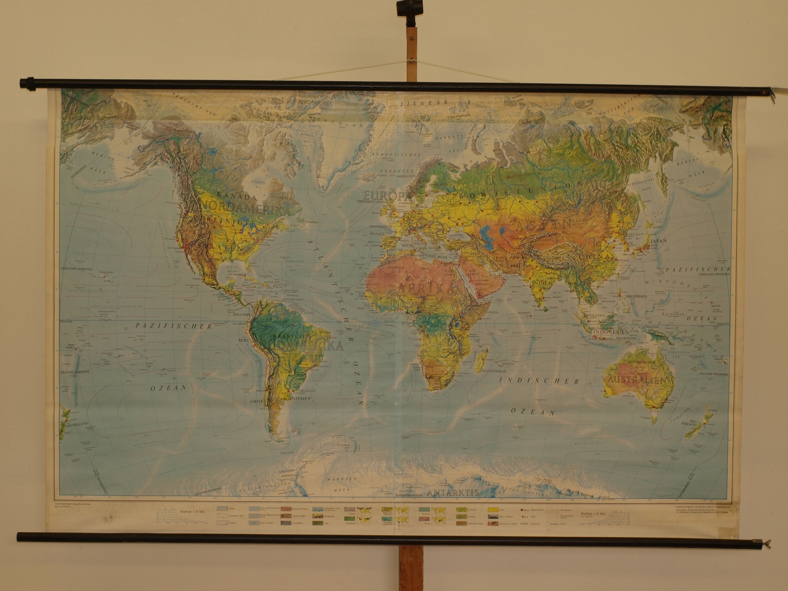 The Earth Orbit Physical World Map Country Names ~1971 School Wall Map 196X125Cm