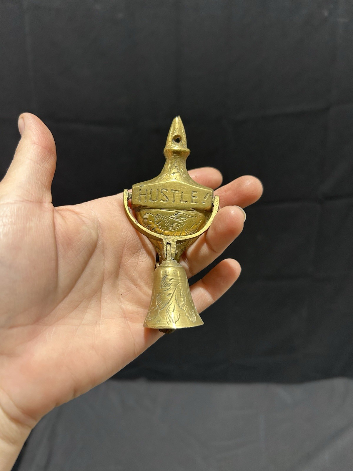 Vintage Brass Door Knocker Bell “Hustle” By Bells Of Sarna India Gold Etched 4″