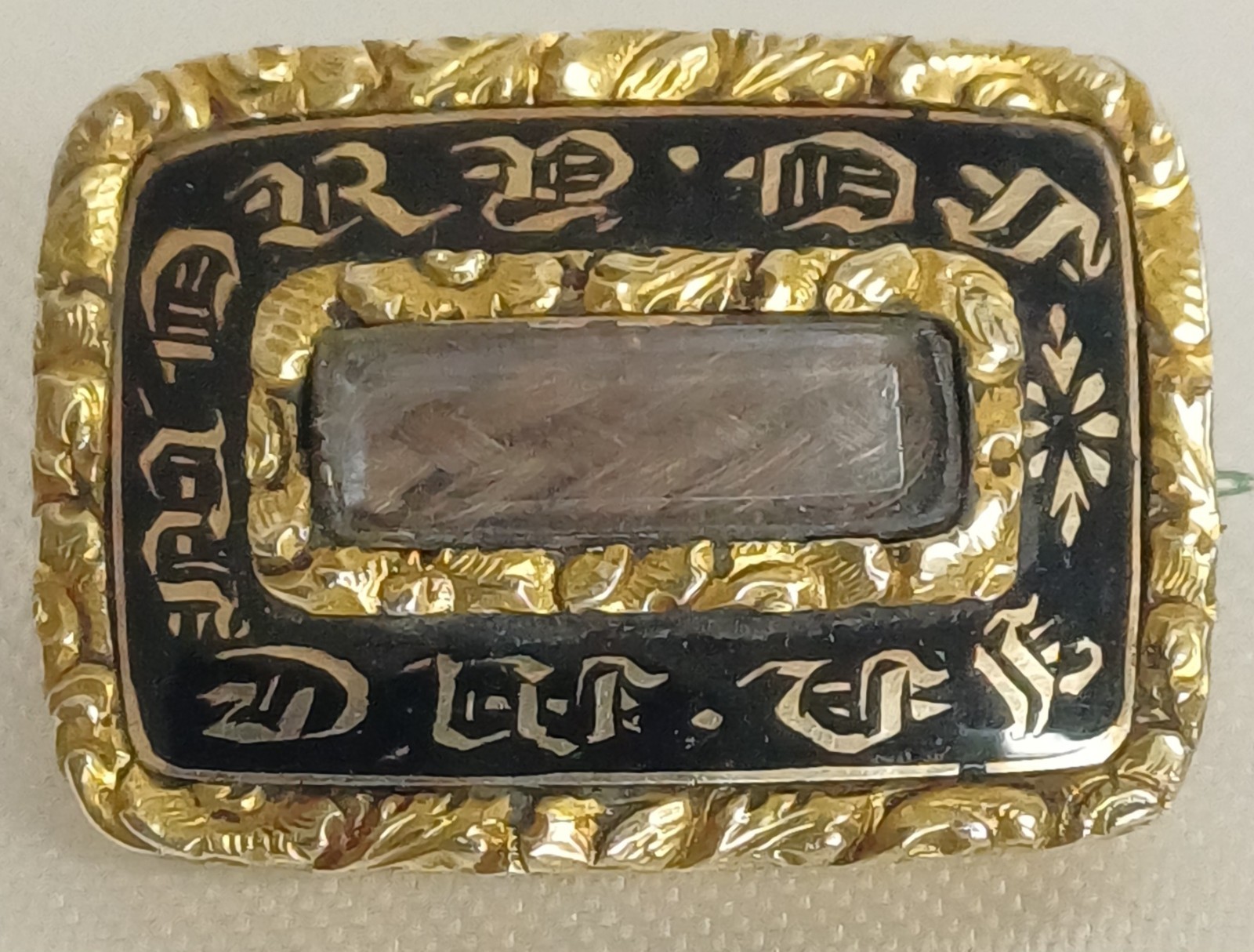1831 Antique Victorian Mourning Brooch Black Enamel Gold? Hair Quartz window