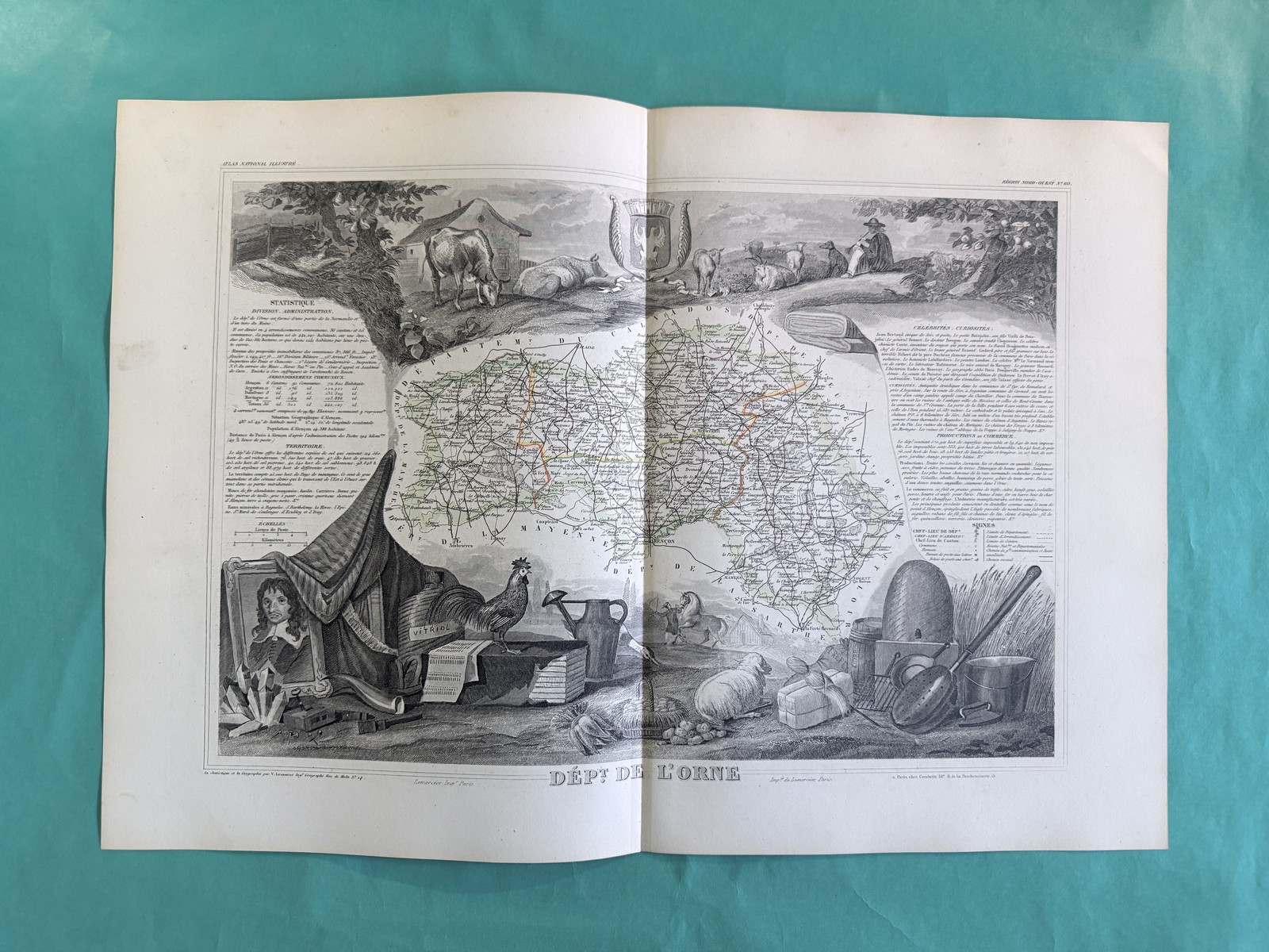 Levasseur 1856 Antique Map of Orne France – Atlas National Illustré Hand Colored