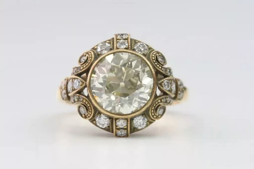 Vintage Art Deco Old European Lab Created Diamond Wedding 14K Gold Plated Ring