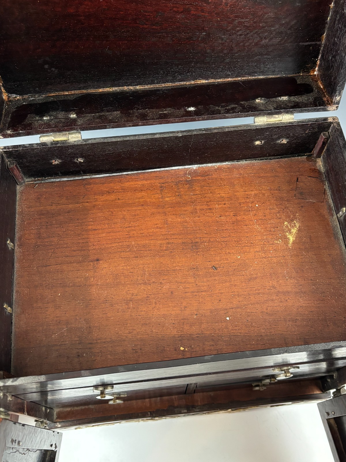 Antique Chinese Inlaid Hardwood Jewelry Cabinet c1900 w Original Bar Lock & Key