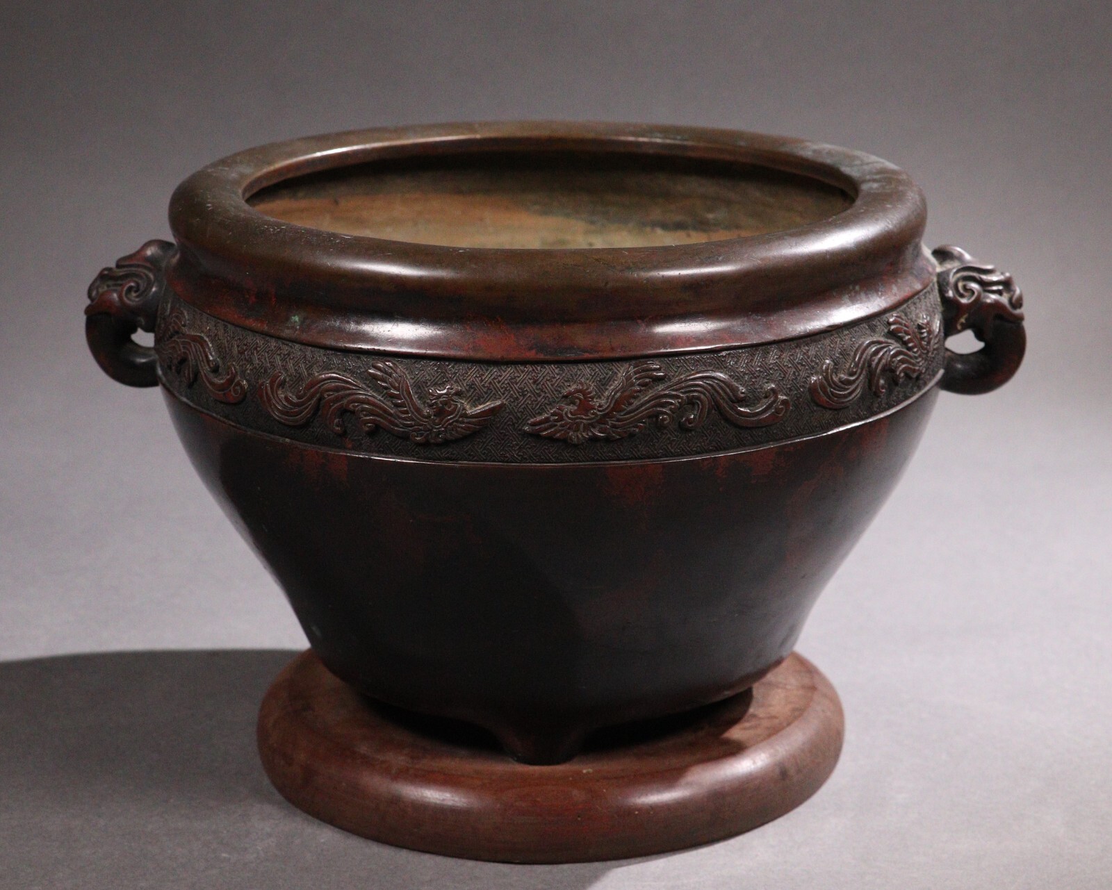 Old Japanese Red Bronze Hibachi Brazier Lion Head&Phoenix 9.5inch Meiji Era