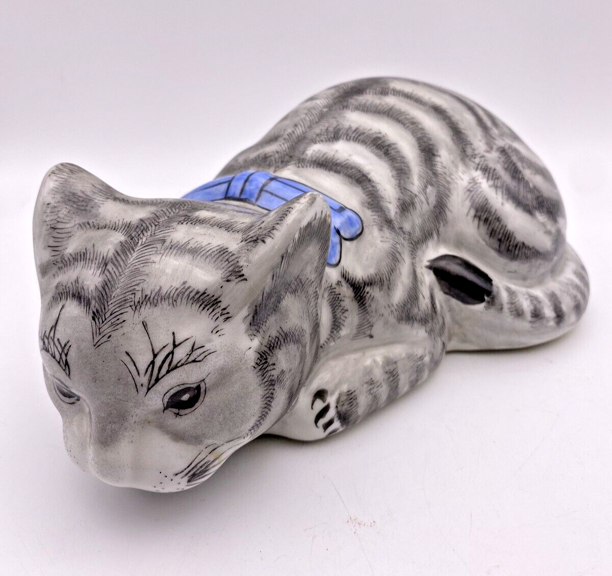Striped Cat Figurine Ceramic Gray Black Blue Ribbon Chinese