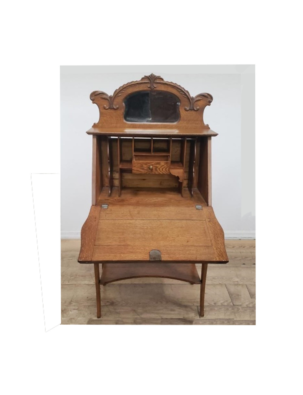 Antique Slant Front Drop Leaf Secretary Desk Quartersawn Oak with Mirror