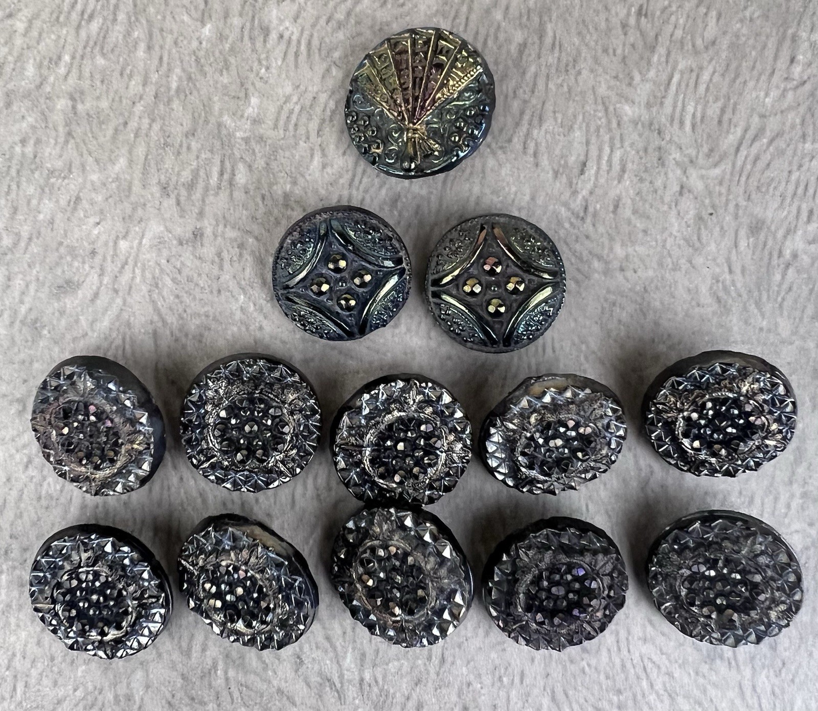 Antique Victorian Black Glass Buttons Lot of 13 Luster Carnival Glass Multicolor