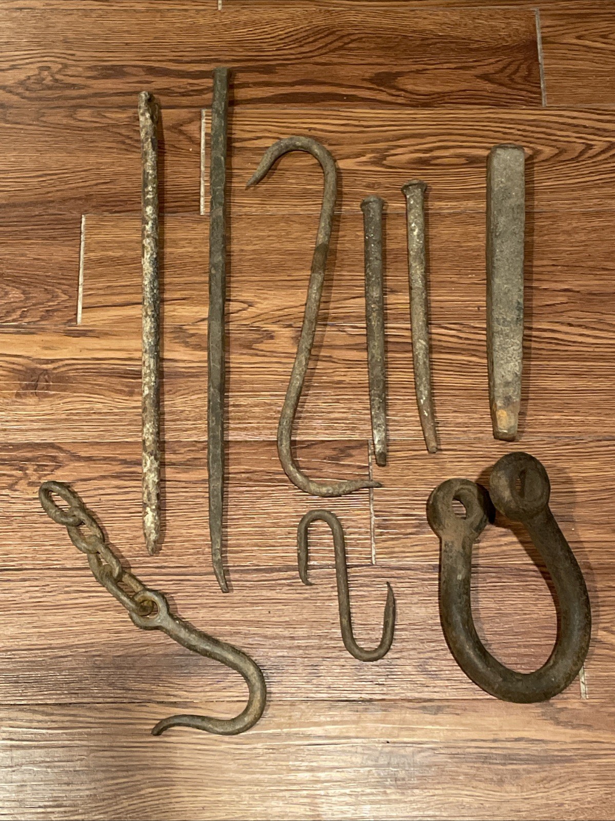 Lot of Antique Rustic Tools, Hooks, Spikes, Clevis Hand Forged Iron, Primitive