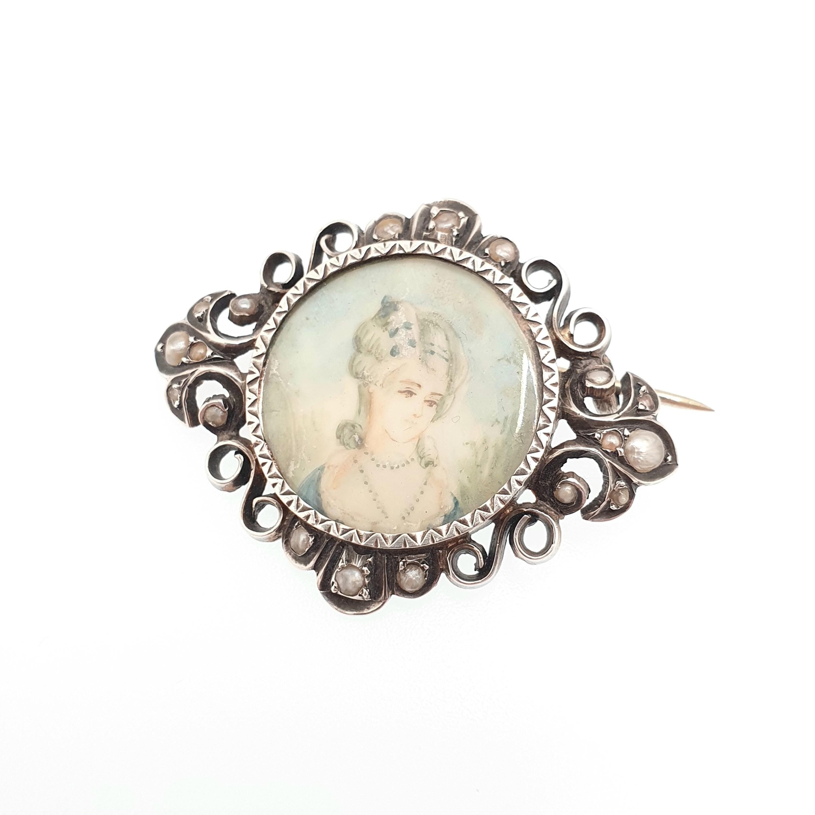 Antique Georgian Solid Silver Miniature Portrait Brooch Seed Pearl Pin Rococo