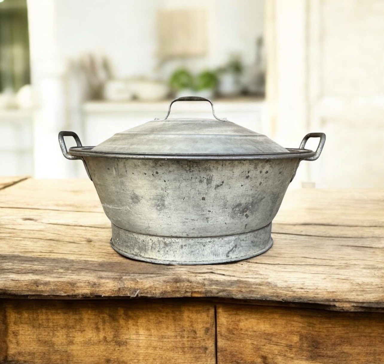 Antique / Vintage – Early Tin Farmhouse Bread Dough Riser Pan Bowl w/ Vented Lid