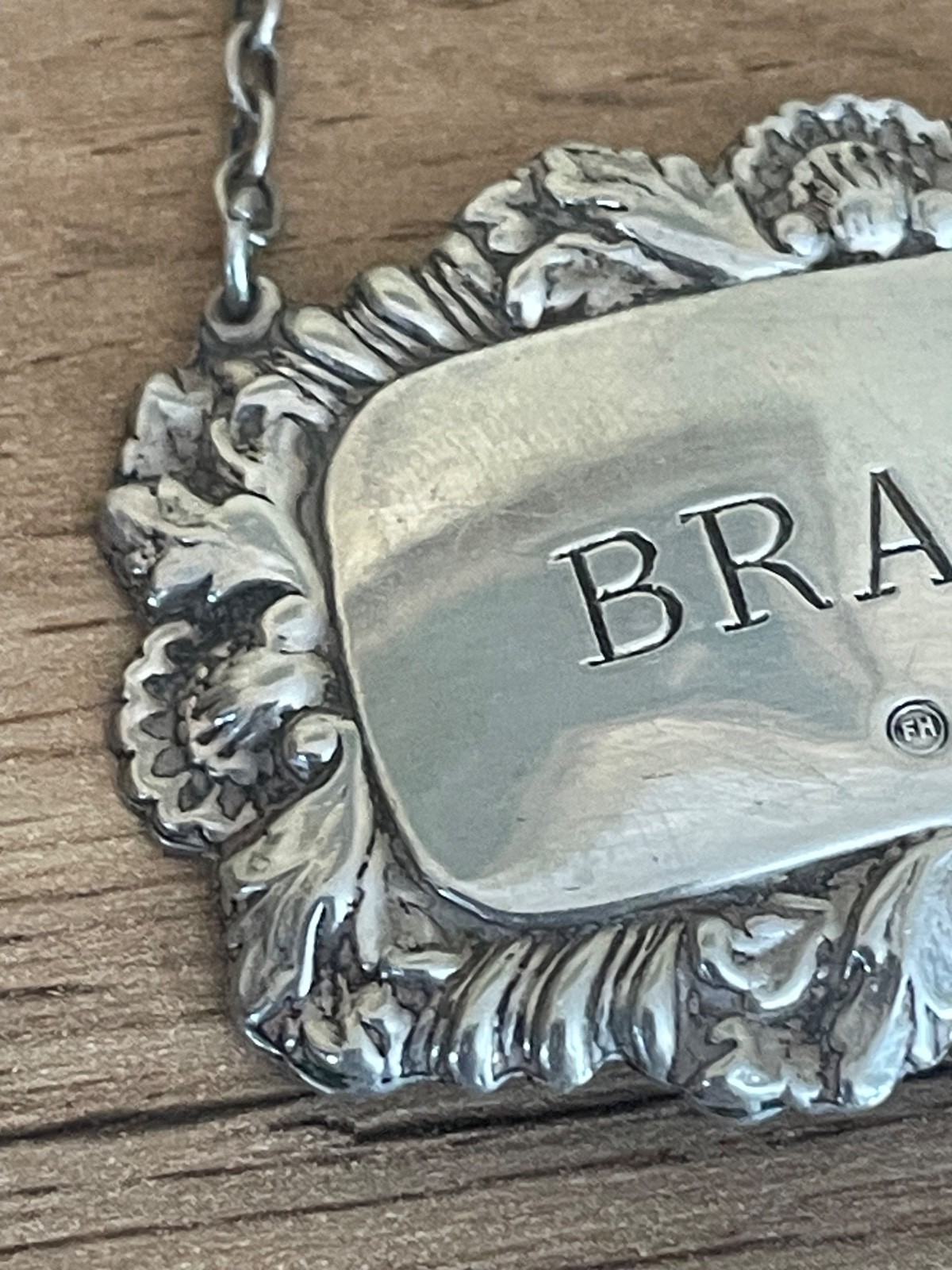 Brandy label solid silver decanter bottle label Sheffield 1976