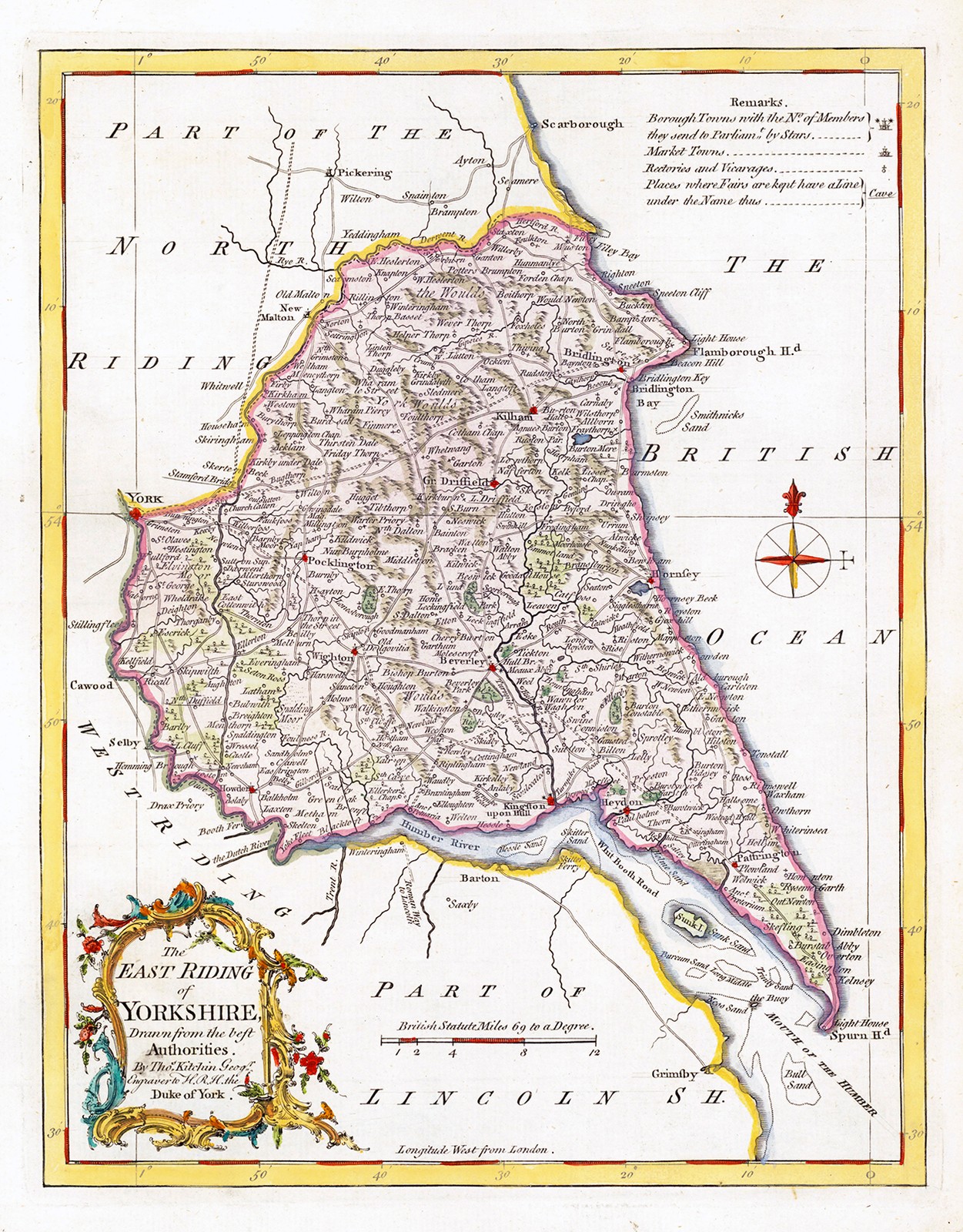 1764 Antique Map of EAST RIDING YORKSHIRE by Thomas Kitchin (KCMc41)