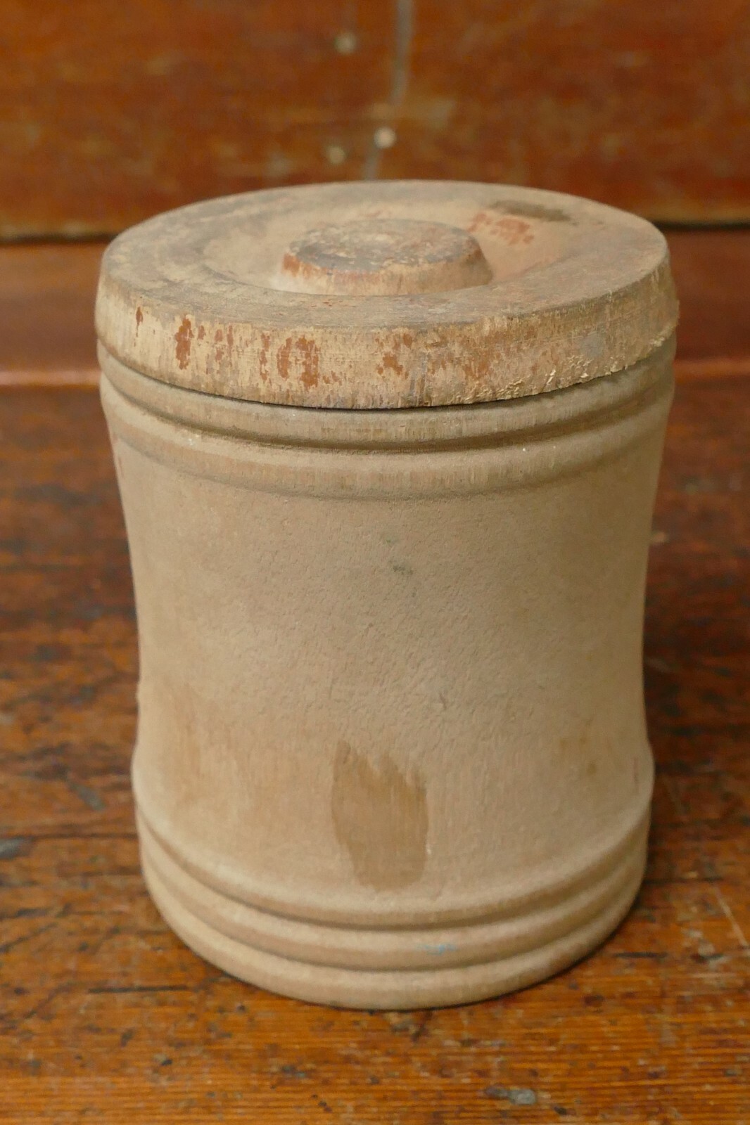 Antique Small Handmade Turned Treenware Wood Storage Container w/ Lid – 3 3/8” T