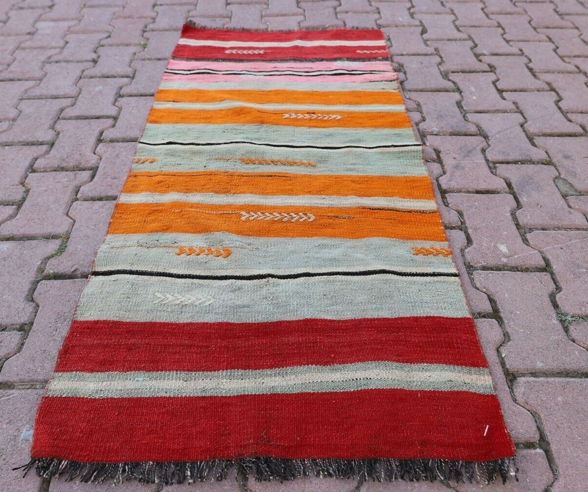 Cappadocia Striped Kilim Rug Tribal Hand Knotted Ethnic Red Carpet 2.4×4.3 ft