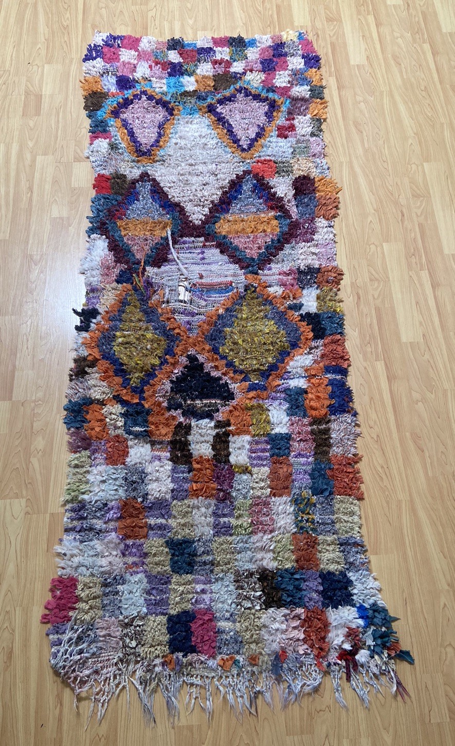 Vtg Moroccan Runner Rug 90 X 32 Geometric Multicolor Pattern Ruffled Hand Made