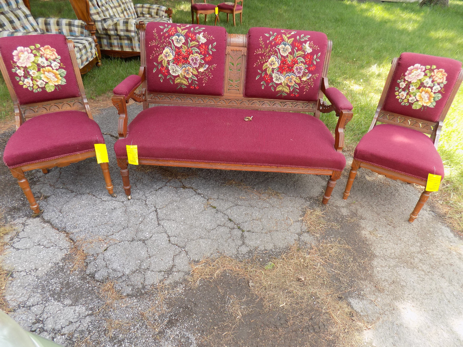 Antique Vtg Lot Loveseat Settee Chairs Carved Wood Burgundy Embroidered Floral