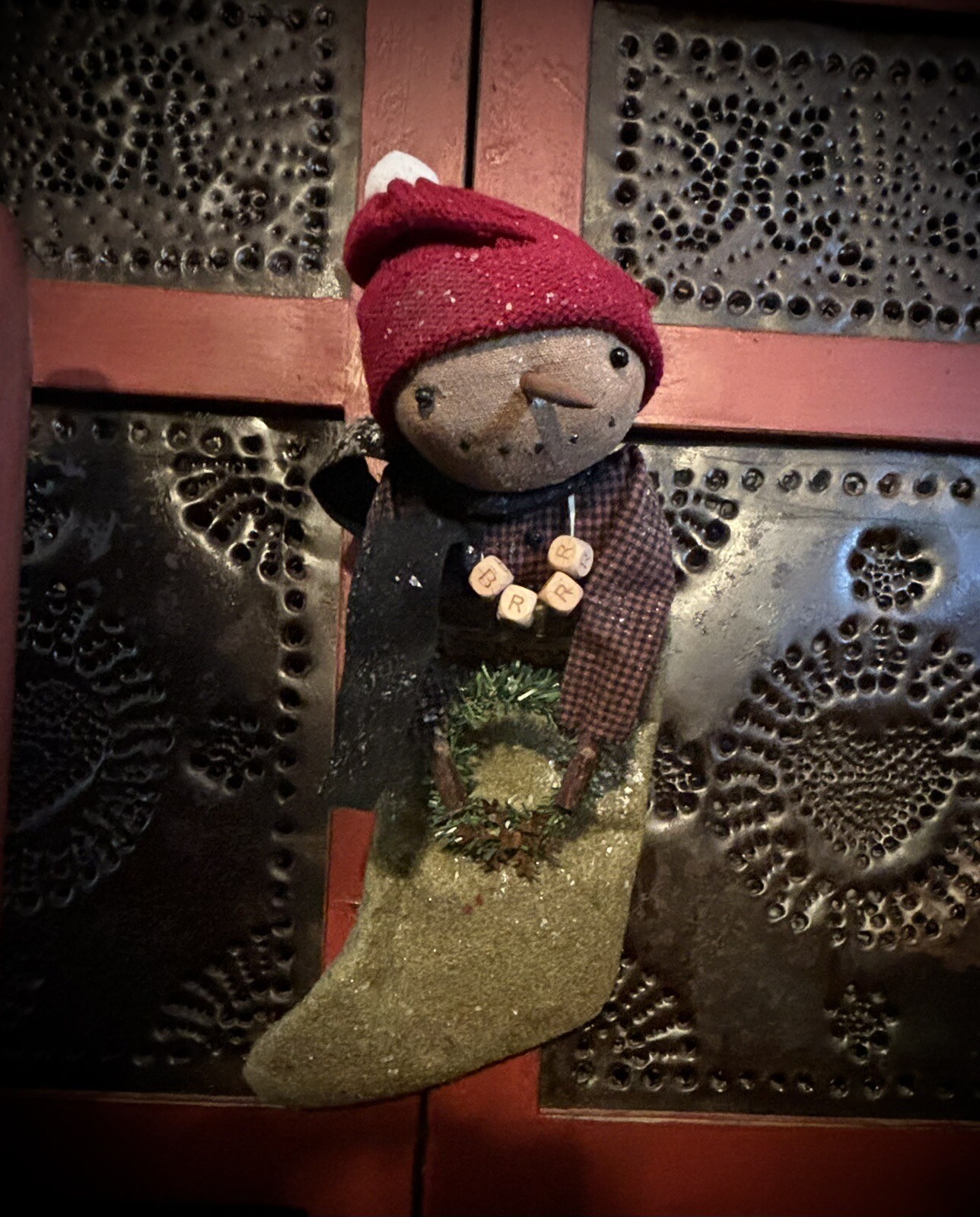 Grubby Primitive Christmas Sweet Snow BRRR Man Doll in Stocking Snowman 14″