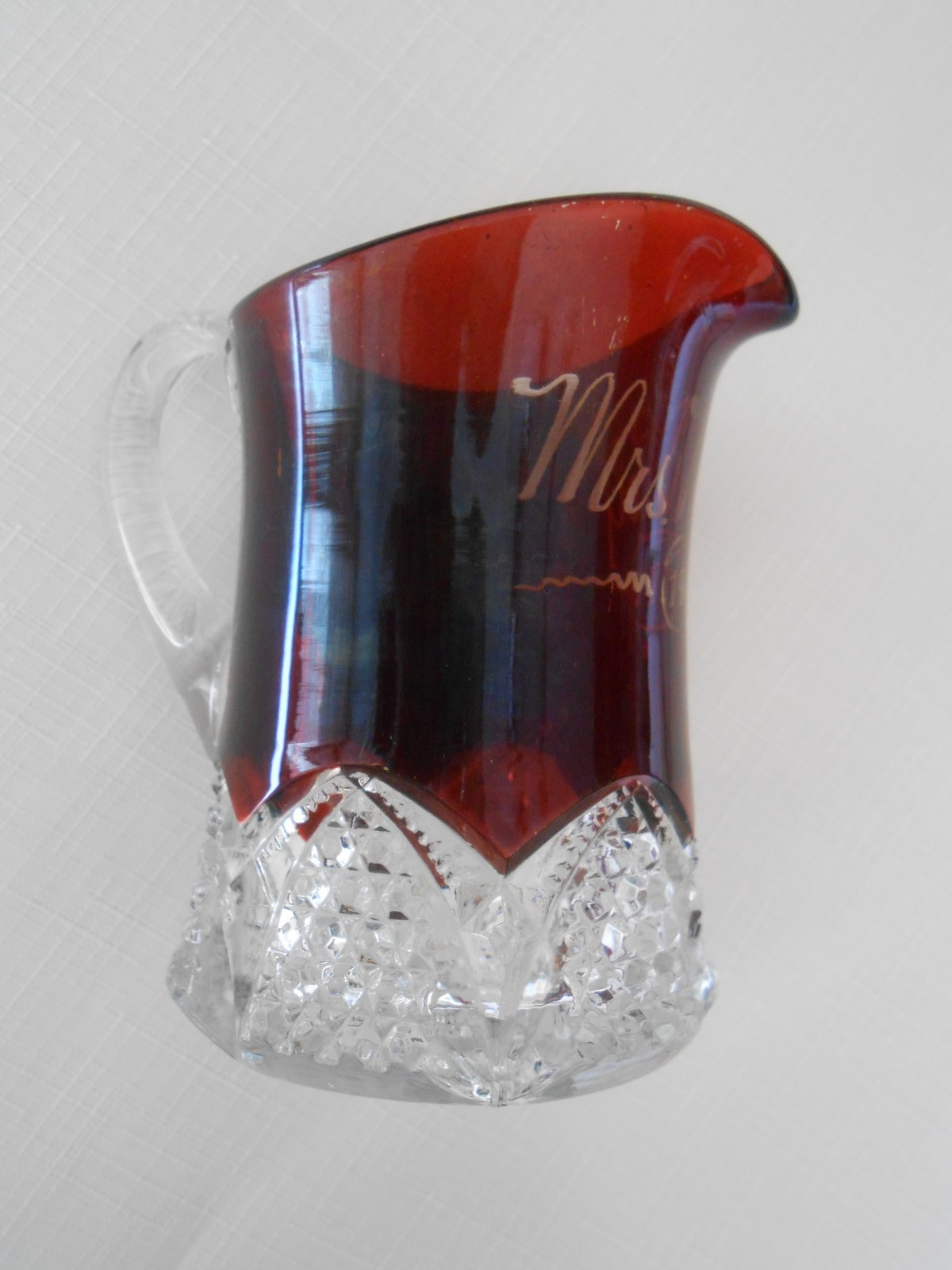 3 Antique Ruby Red Flash Souvenir GOBLET, PITCHER 1907, MUG.