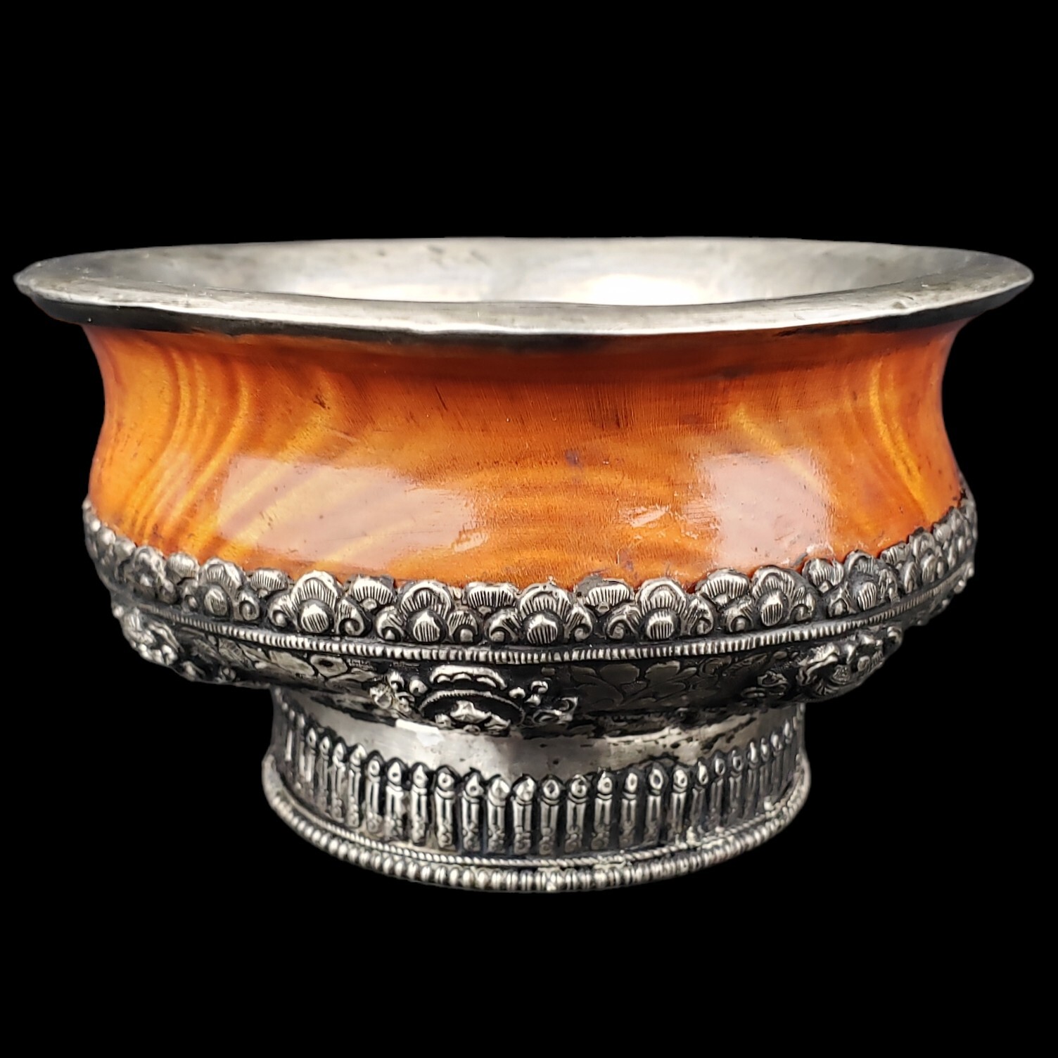 Antique Himalayan Tibetan Monk Yak Milk Tea Bowl Repoussé Silver Burlwood Bowl