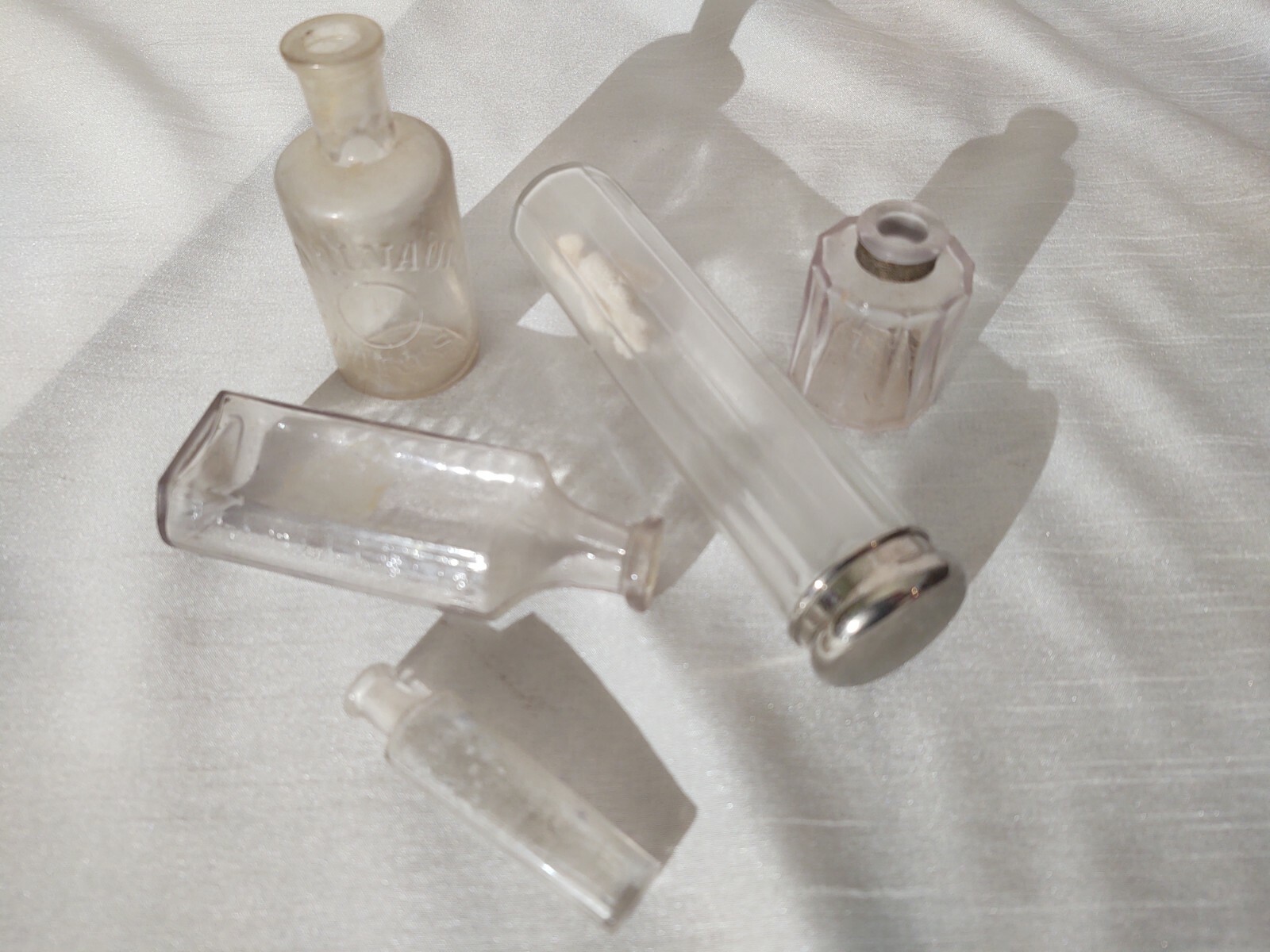 Antique Glass Apothecary Medicine Vanity Bottles, Paris, Lavender Tinted, etc