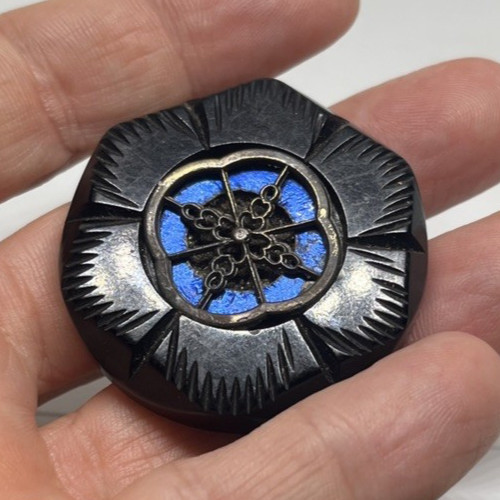 Antique Thick Black Molded Bakelite Button Blue Inner With Shank Back Used 1 3/4