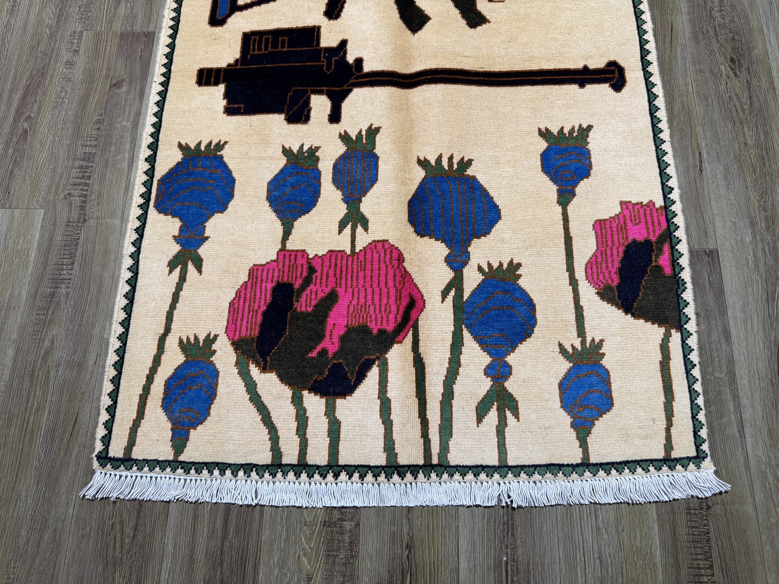 Handmade Opium, Helicopter,AK 47 Pattern Afghanistan Turkman War Soviet Carpet