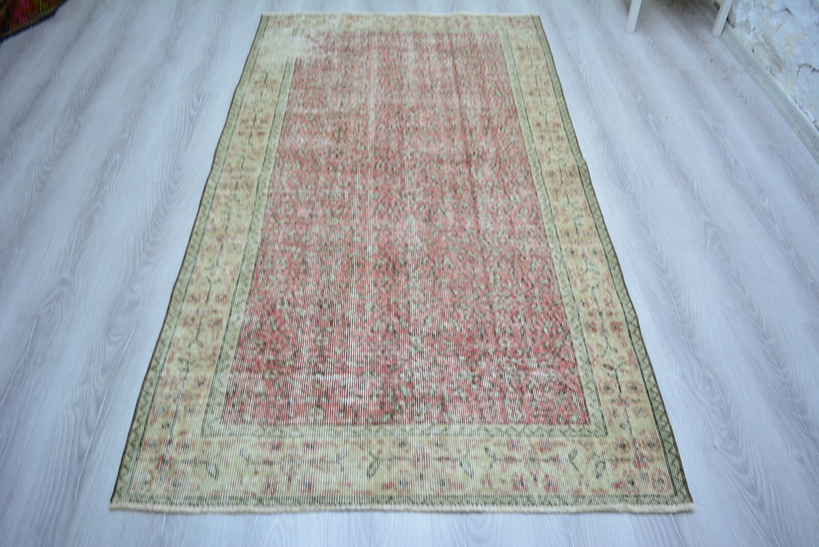 Antique Multicolor Handmade Bordered Rug, 3.7×6.7ft, Turkish Vintage Floral Rug,