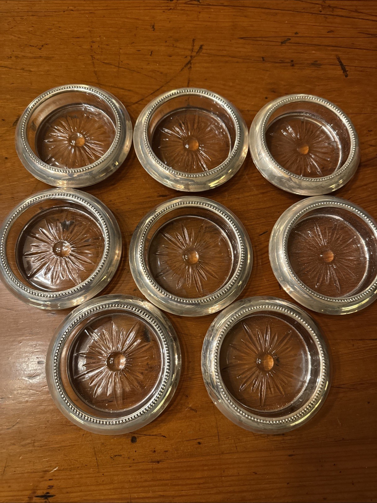 Beautiful Set of 8 Vintage Silver and Cut Glass Coasters Sun Burst Pattern