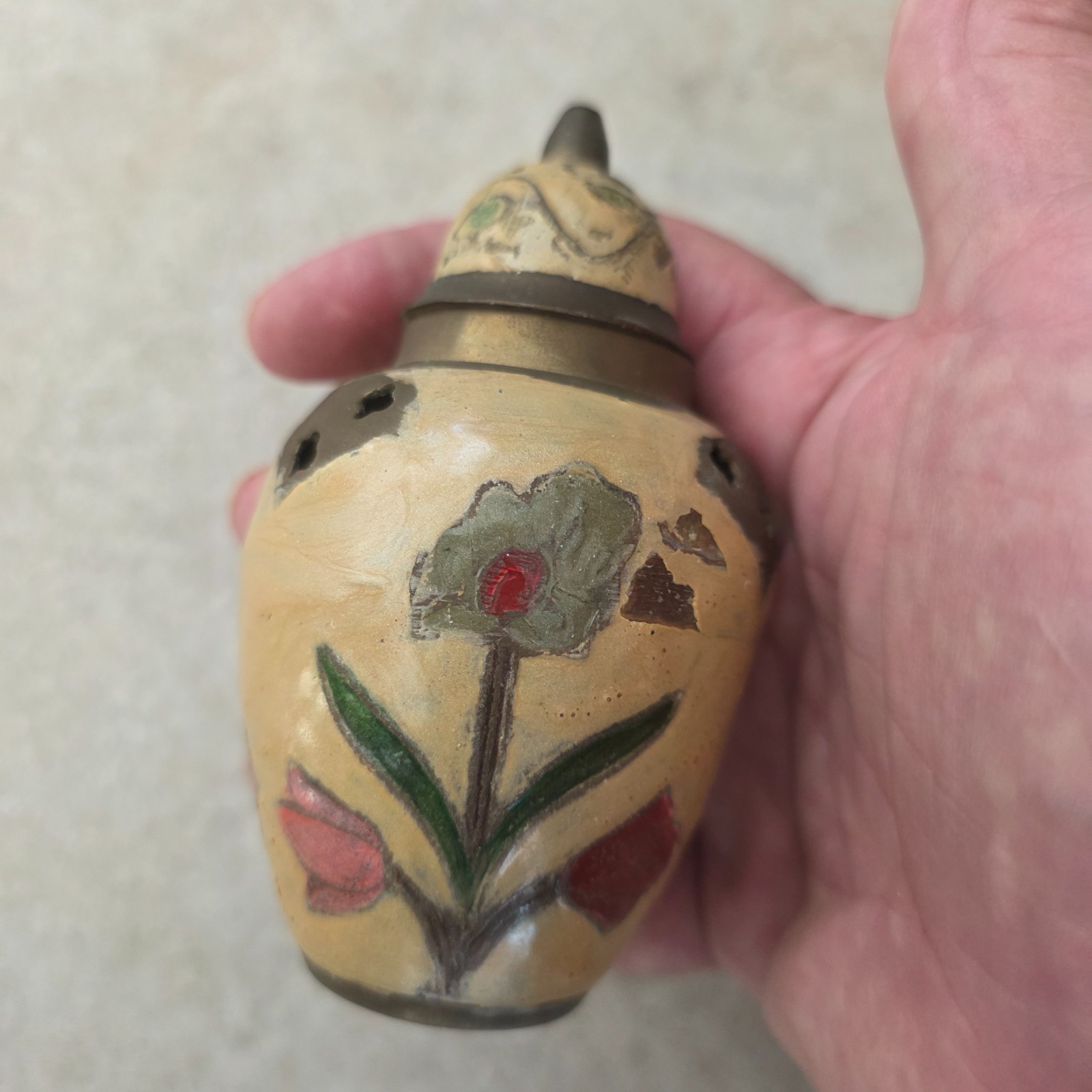 Vintage Hand Painted Floral Scene Solid Brass 5″ Tall Ginger Jar Urn With Lid