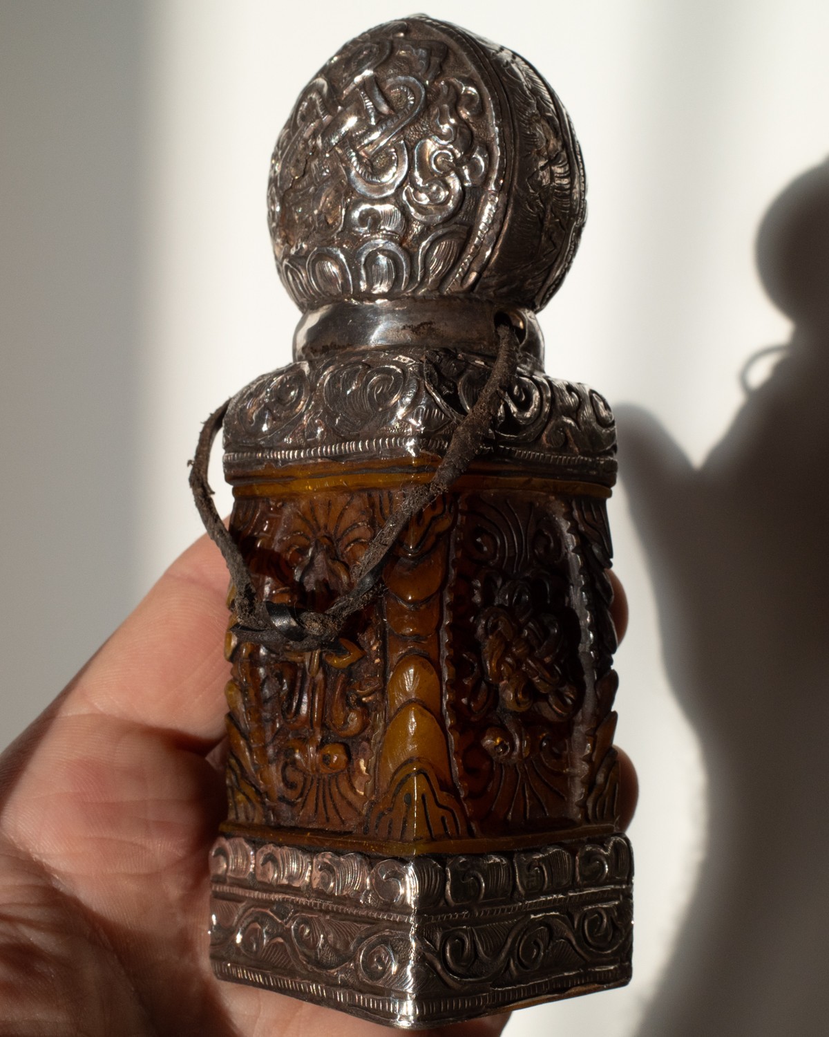 Antique or Vintage Tibetan Buddhist Amber and Silver Repousse Endless Knot Seal