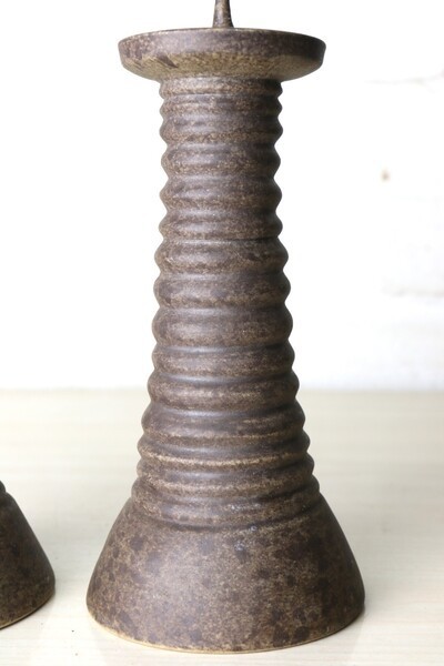 Pair Vintage Chinese Temple Candlesticks Heavy Ceramic Stoneware 20th Century