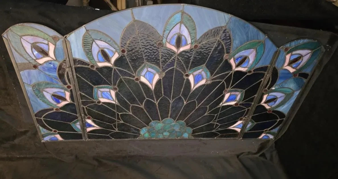 Antique Unique Handmade Peacock Stained Glass 20″ Tall Fireplace Front