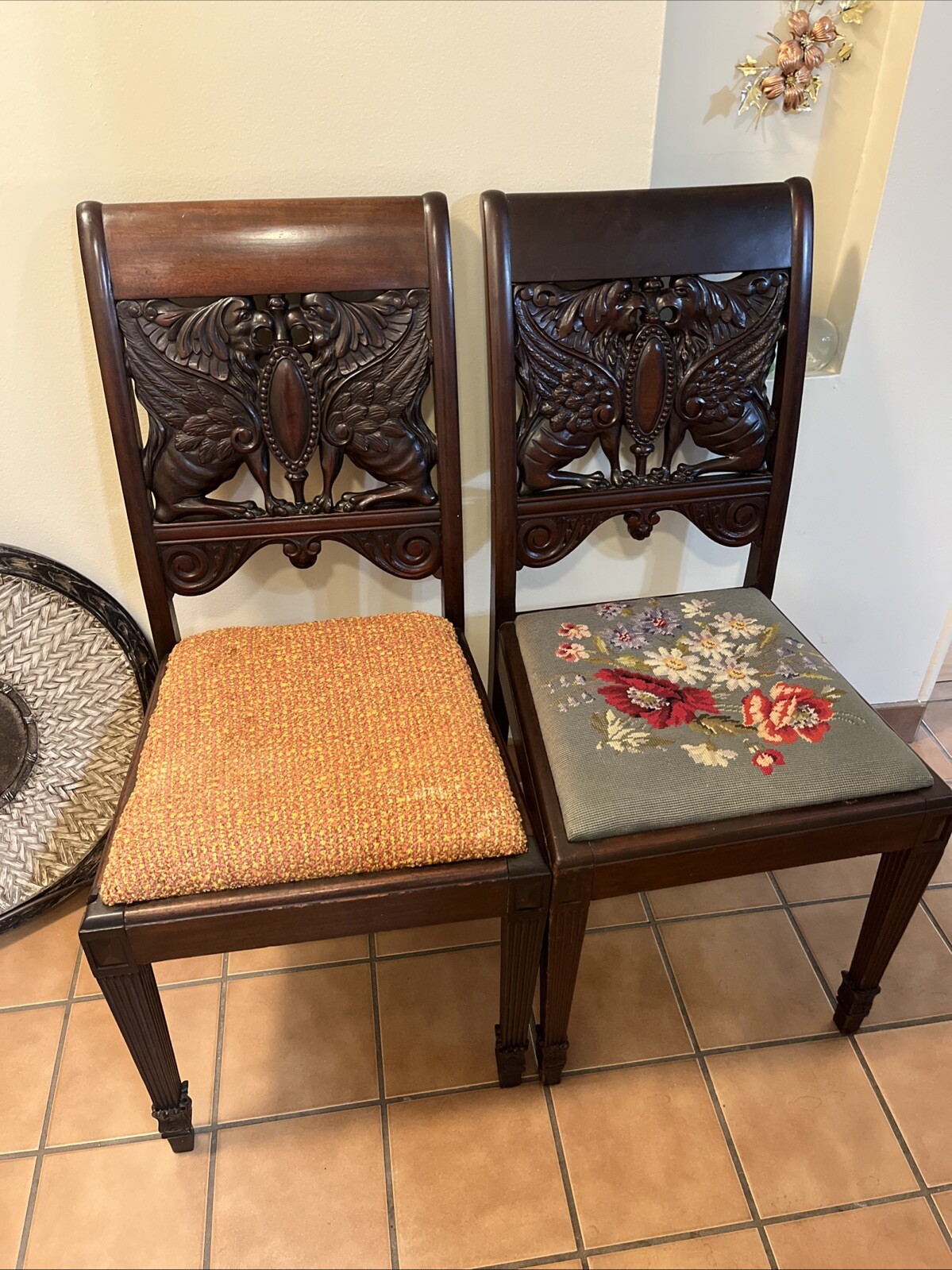 Antique Victorian Renaissance Carved Winged Griffin Pair Of Chairs