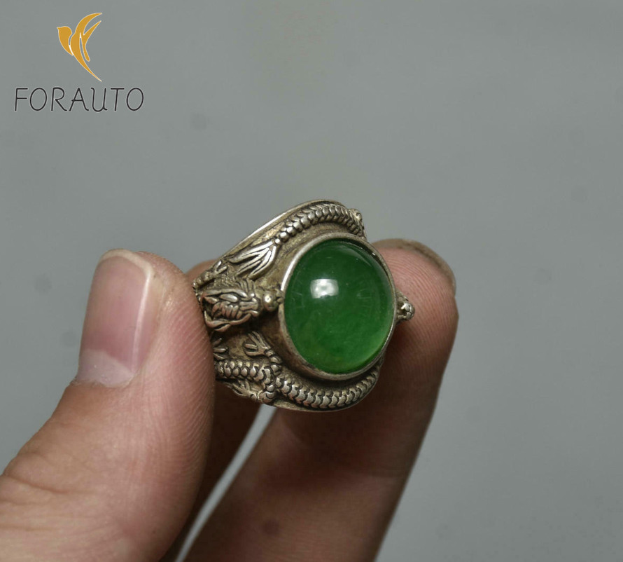 1.2″ Rare Old China Silver Inlay Gems Dynasty Palace Dragon Jewelry Ring