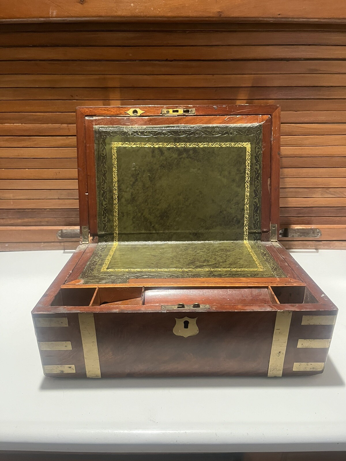 RARE Antique 1858 Engraved Wood with Metal Trim Traveler Campaign Writing Desk