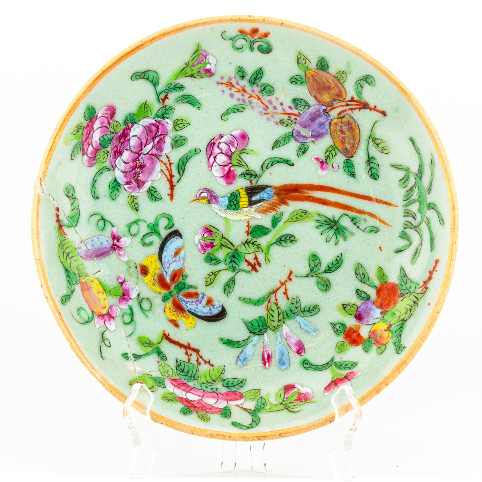 Chinese Tongzhi Porcelain Canton Rose Plate Celadon Gilt Blue Qing Marked 19C