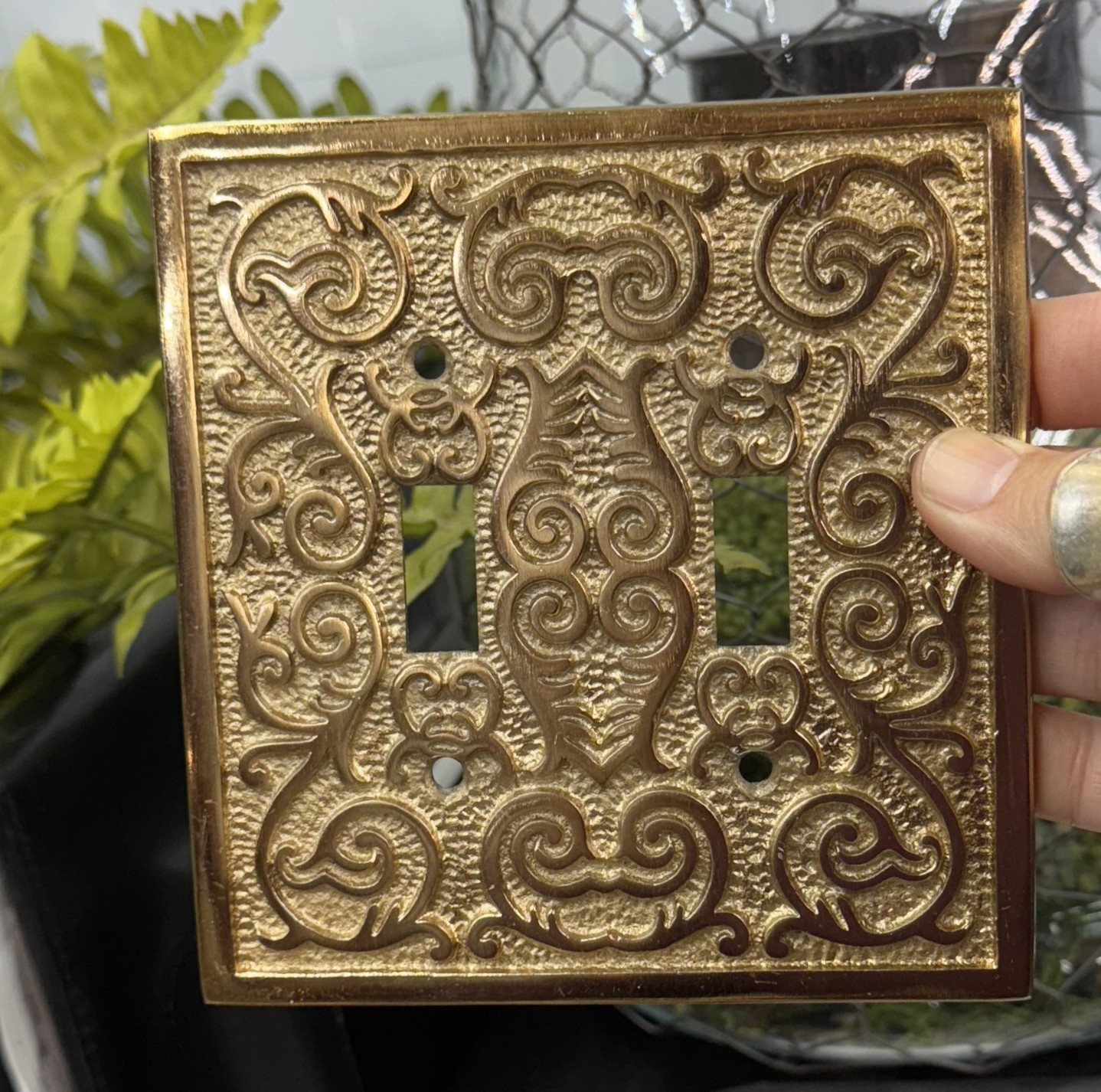 Metal Double Two 2 Toggle Light Switch Cover. Scroll Ornate wall plate Fleur DE