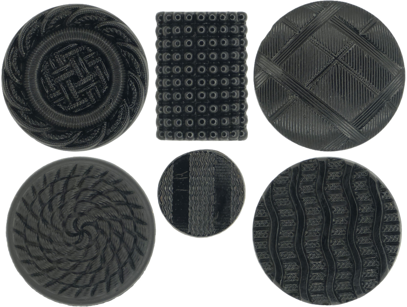 C1920-30s Antique Black Glass Lacy Textured Fabric Pattern Rope Button LOT 6
