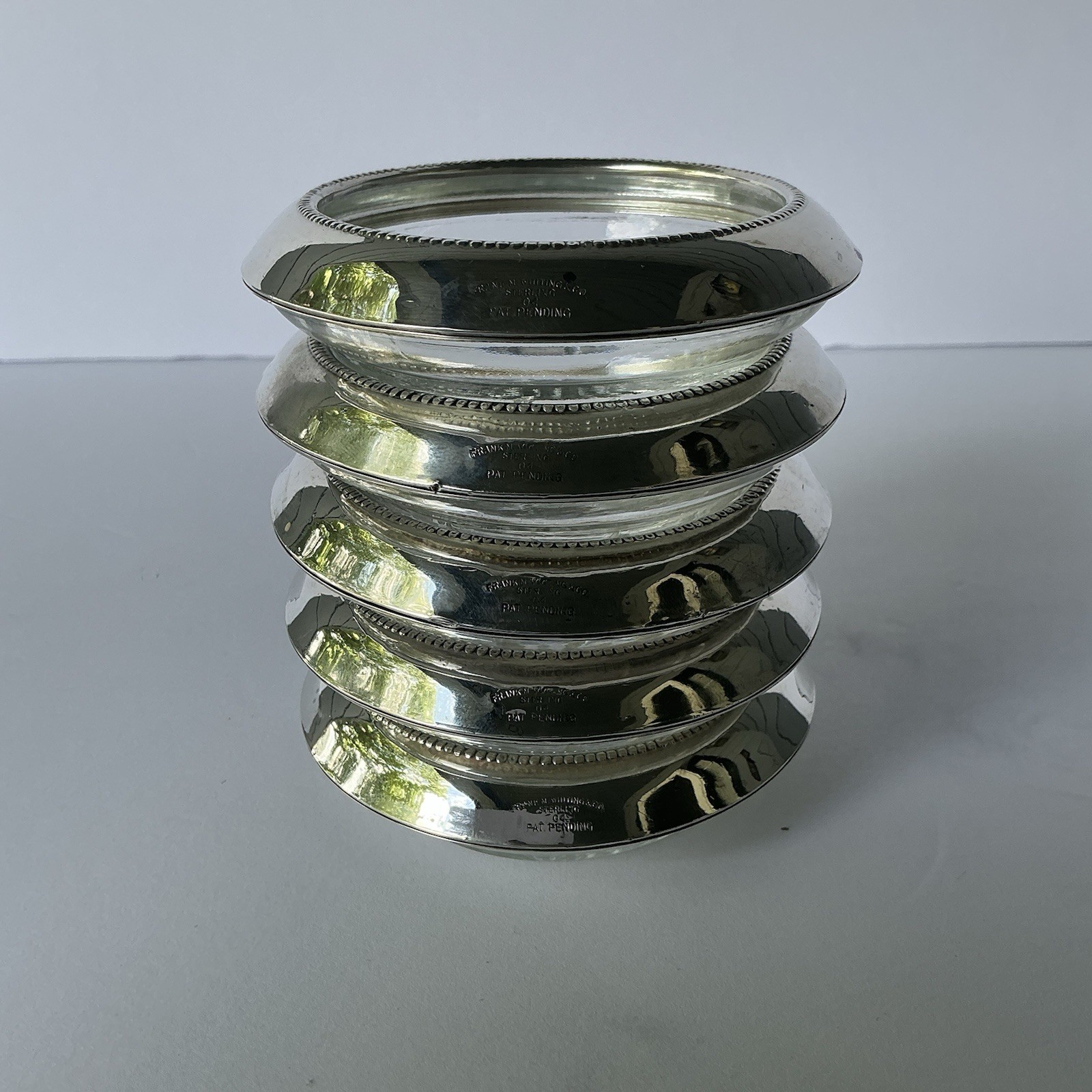 Frank M Whiting Sterling Silver Glass Coasters Set of 5 Beaded Vtg Pat Pend 04
