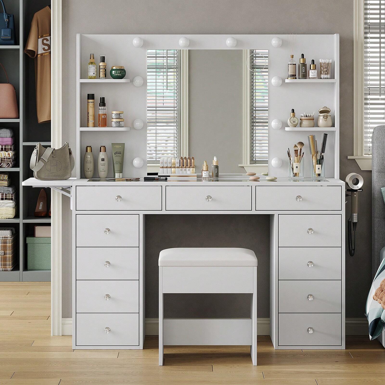 47” W With Mirror 12 LED Lights 11 Drawers Makeup Vanity With 4 Shelves White
