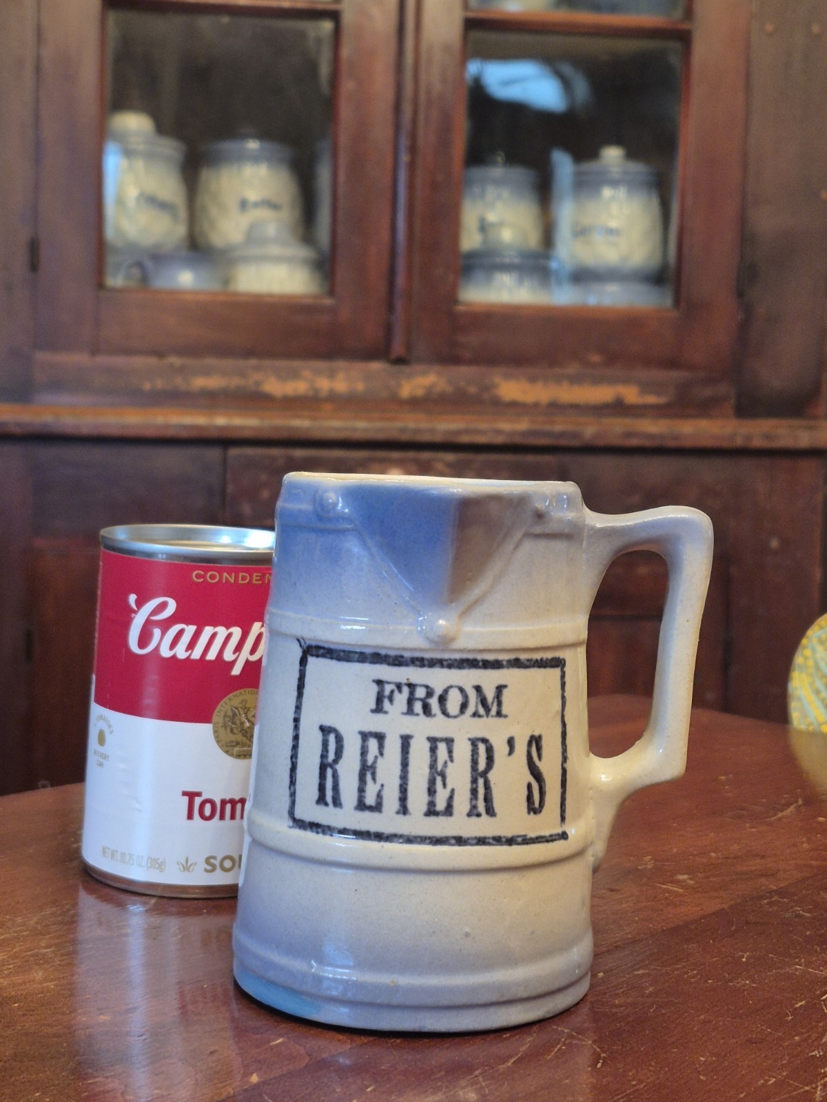 EXTREMELY RARE Blue & White Stoneware Pitcher Salt Glaze REIER’S Advertising