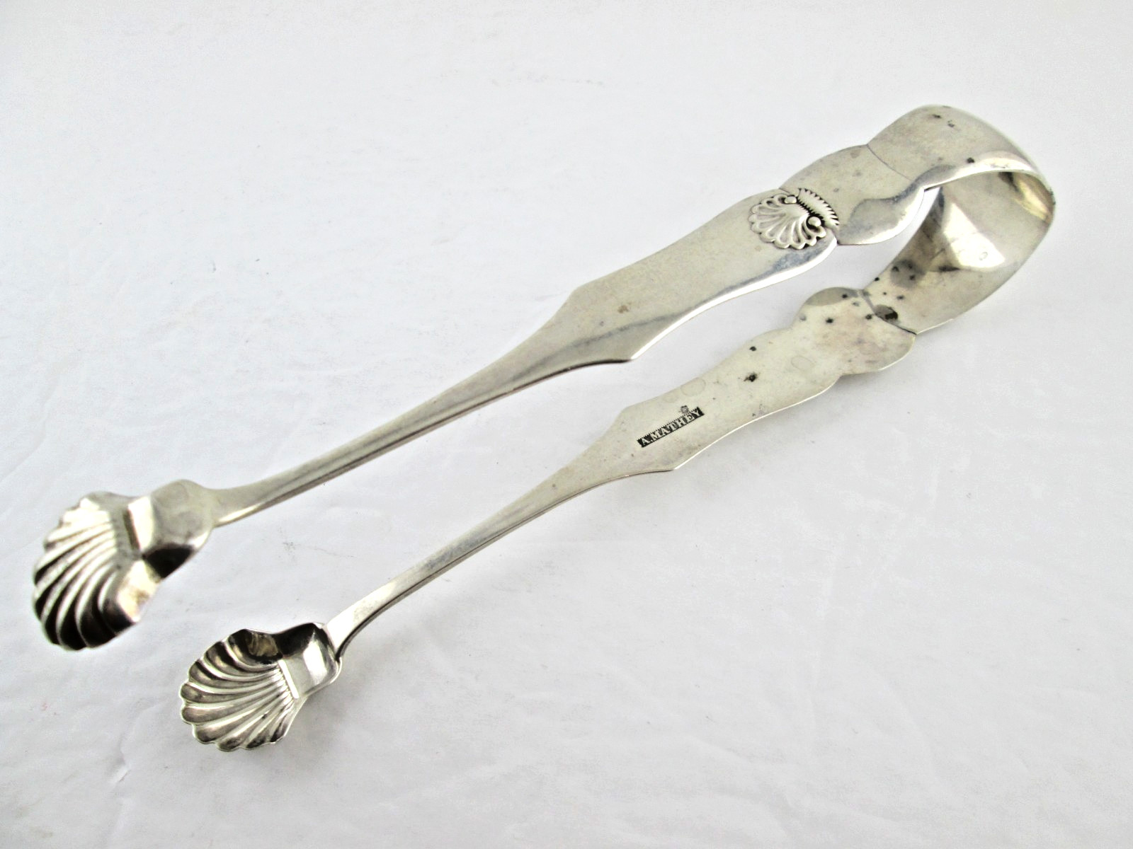 Antique Large Pair 19th C. American AUGUSTUS MATHEY Coin Silver Tongs