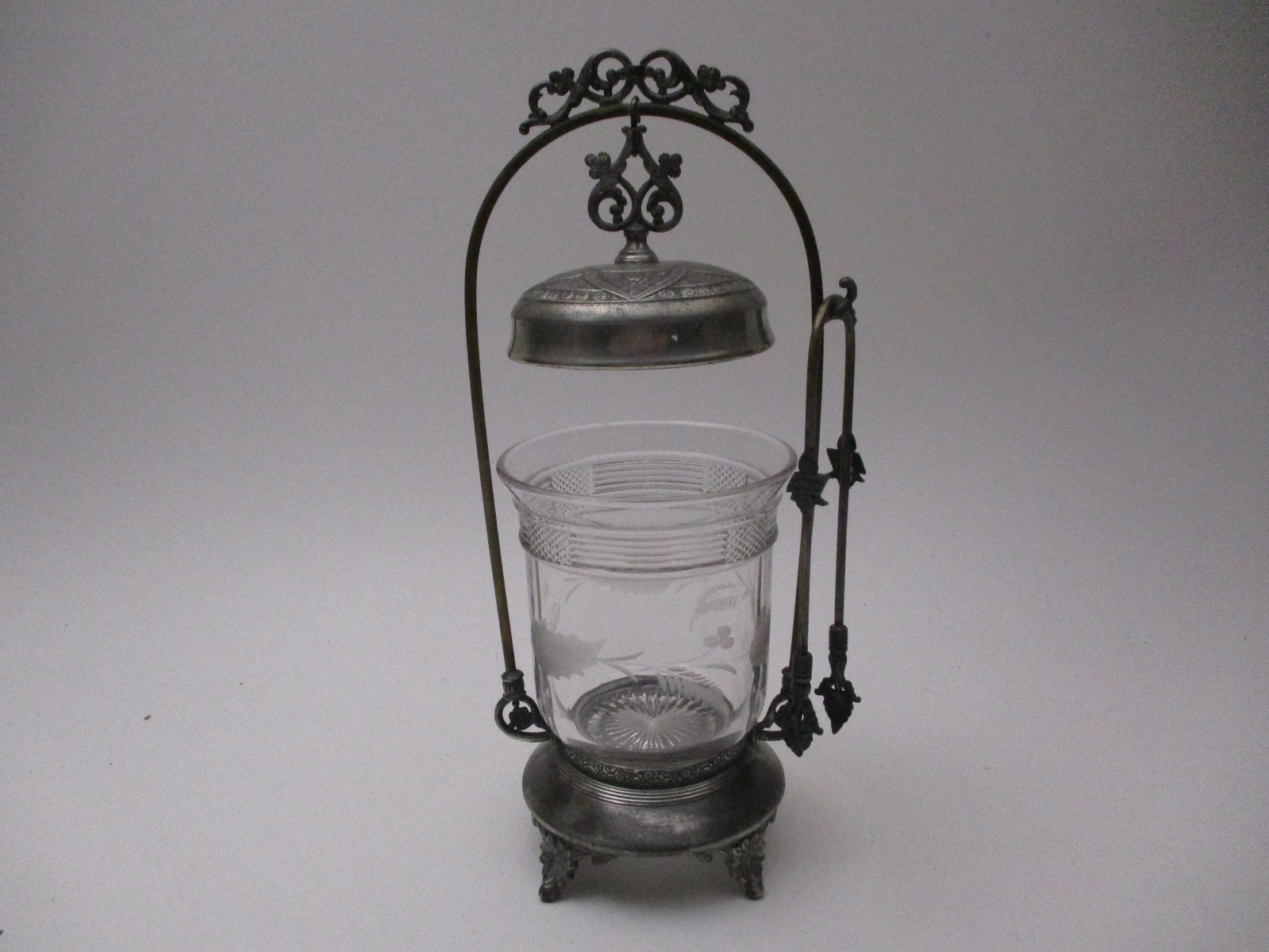 Antique Victorian Pickle Castor Silverplate w/ Tongs Etched Glass Jar Floral