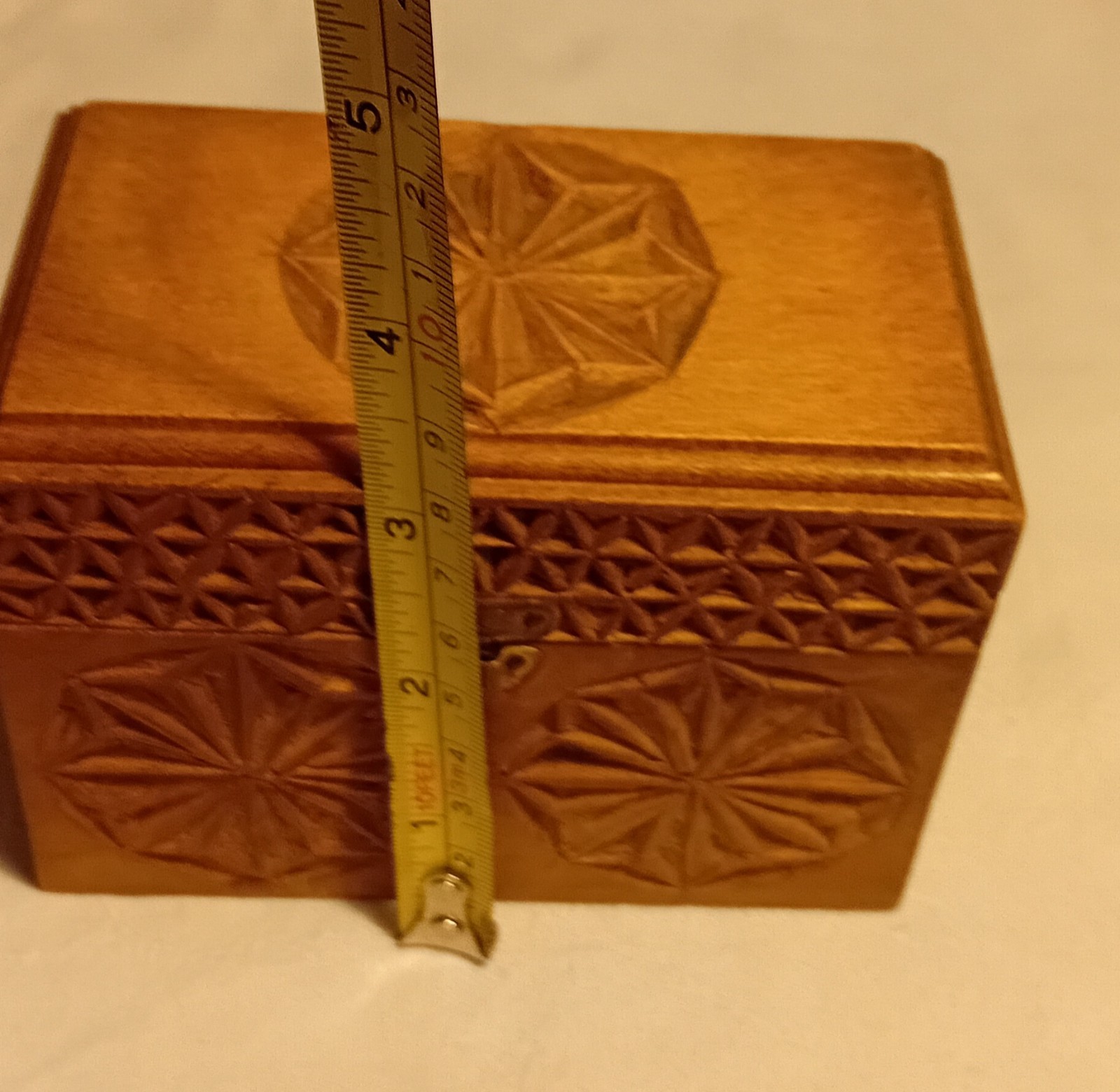 Vintage Nicely Carved Card Case Box Light Wood Star Geometric Patterns