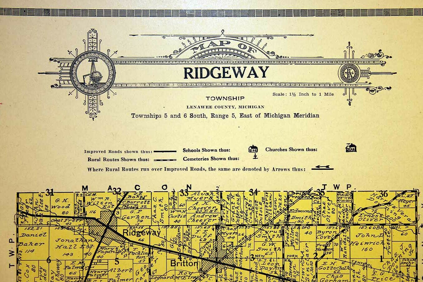 Ridgeway Township Antique Plat Map 1921 Lenawee County Michigan