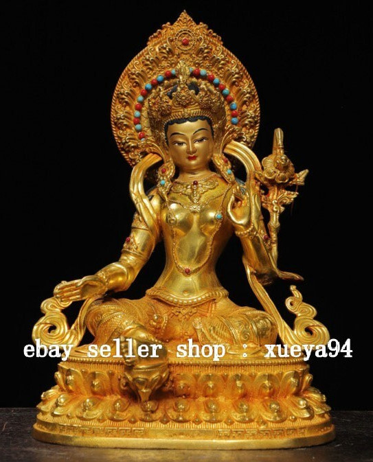 Old Tibetl Copper Gilt Gems Painting Green Tara Kwan-yin Goddess Buddha Statue