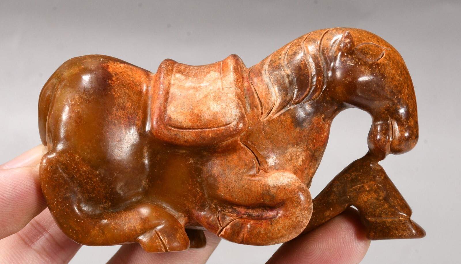 3”Hongshan Culture Hetian Old Jade Fengshui 12 Zodiac Horse Animal kneel Statue