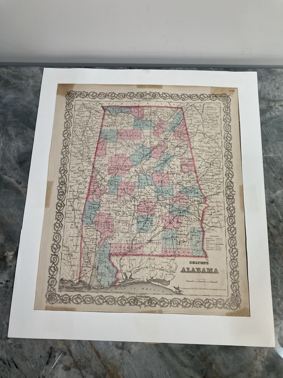 1855 J.H. Colton Alabama Map, Hand Colored ~ 16.5″ x 13.75″